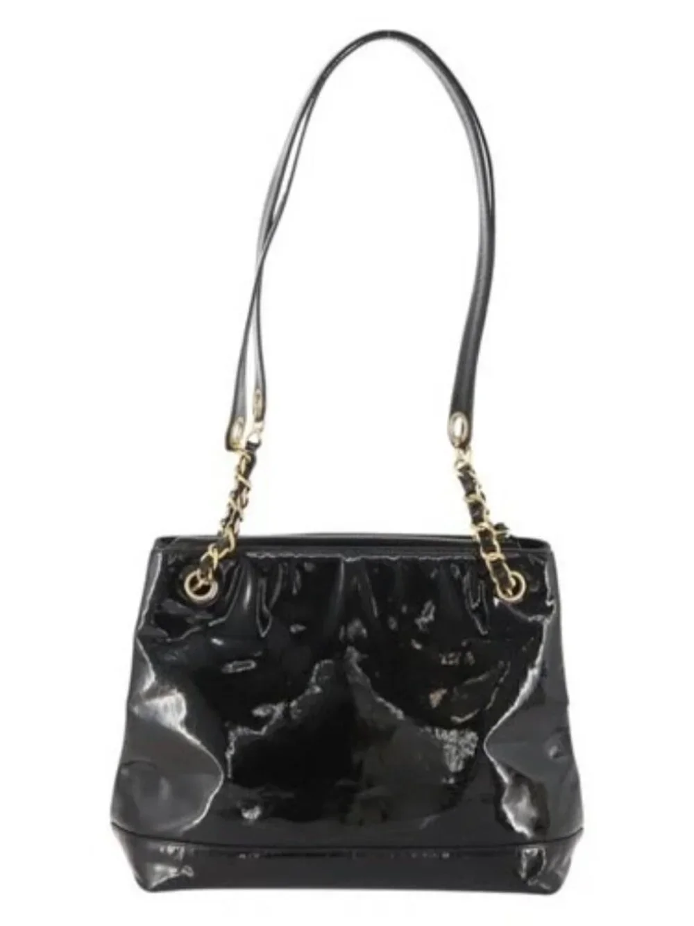 CHANEL Chain Shoulder Bag Patent leather Black Gold CC Auth BA10725